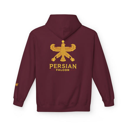 Personalised Casual Unisex Fleece Hoodie with Bold Graphic Print. Classic Persian Shahbaz Falcon Design. Triple Print.