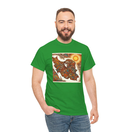 Personalised Persian Unisex T-Shirt – Rising Sun & Long Hair Design | Bohemian Freedom Culture Tee