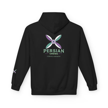 Personalised Casual Unisex Fleece Hoodie with Bold Graphic Print. Modern Persian Sassanid Cross. Triple Print.