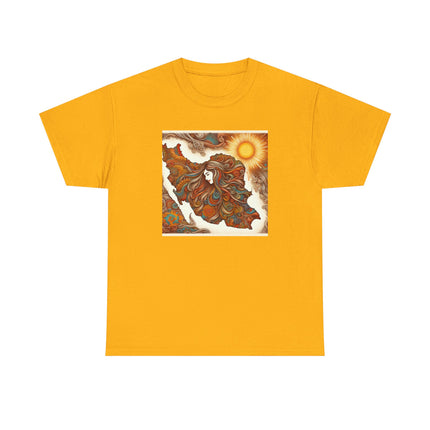 Personalised Persian Unisex T-Shirt – Rising Sun & Long Hair Design | Bohemian Freedom Culture Tee