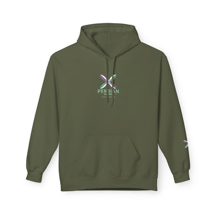 Personalised Casual Unisex Fleece Hoodie with Bold Graphic Print. Modern Persian Sassanid Cross. Triple Print.
